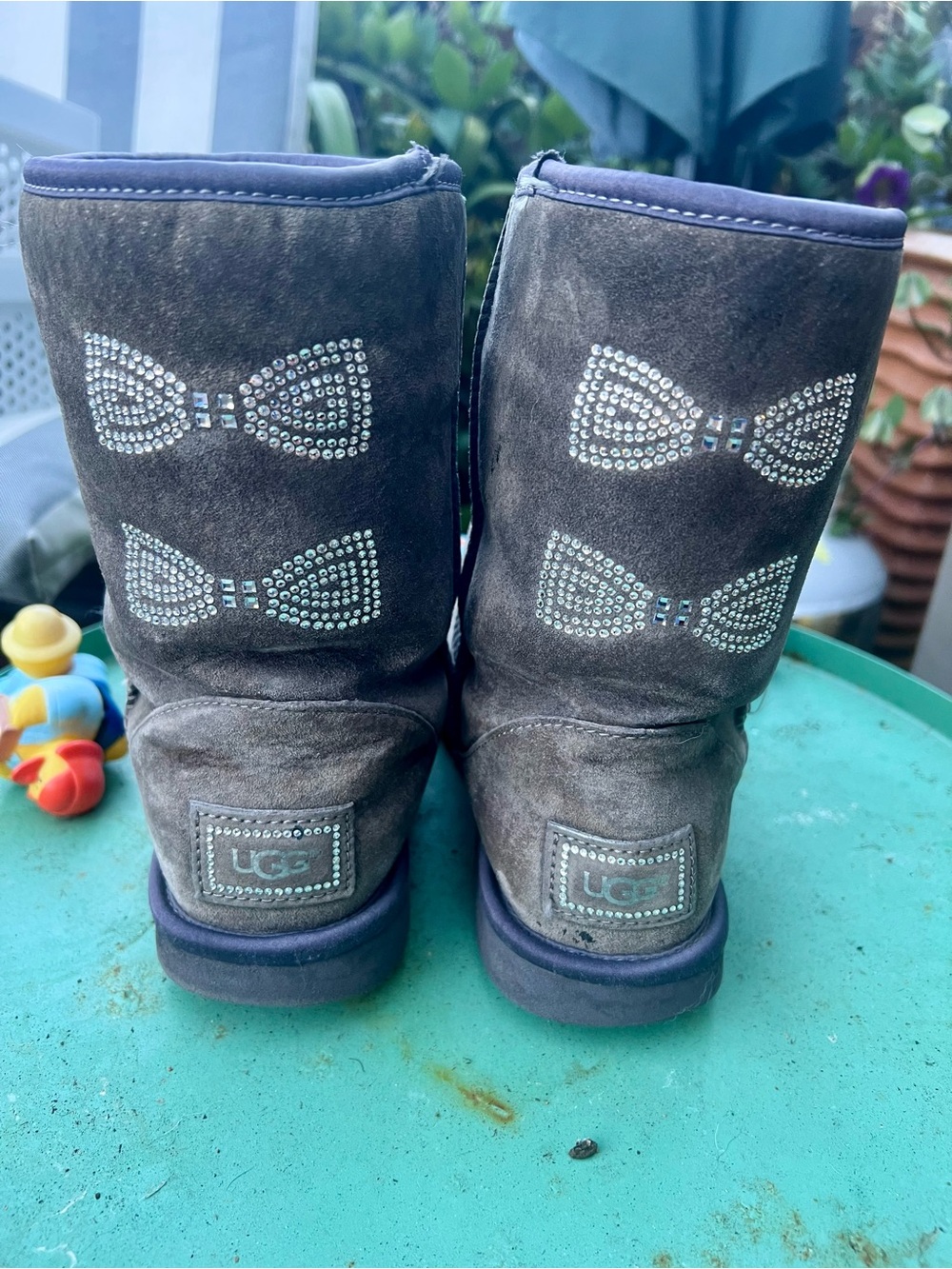 UGG Gray Suede Boots with Crystal Bow Accents